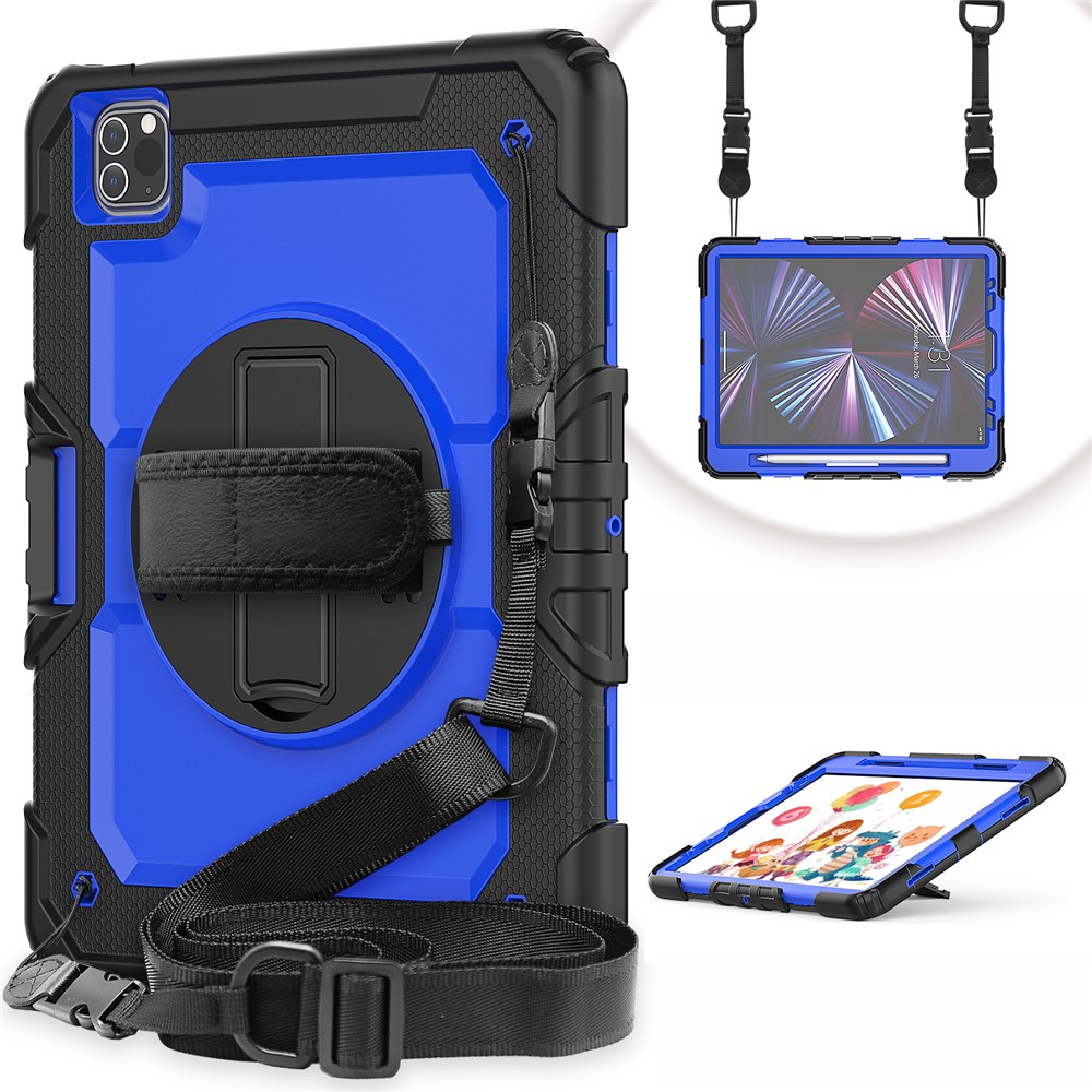 Rugged Heavy Duty PC + Silicone Shockproof 360° Rotating Kickstand Cover with Handle Hand Grip and Shoulder Strap for iPad Pro 11-inch (2021) / (2022) - Black / Blue