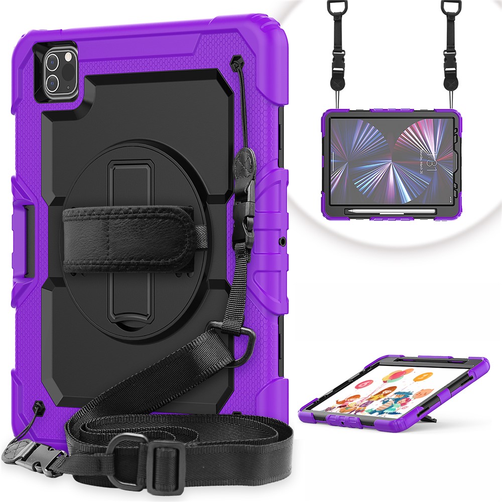 Rugged Heavy Duty PC + Silicone Shockproof 360° Rotating Kickstand Cover with Handle Hand Grip and Shoulder Strap for iPad Pro 11-inch (2021) / (2022) - Purple / Black