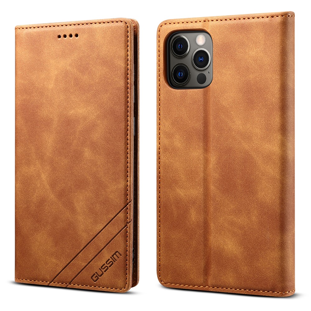 GUSSIM Skin-touch Feeling Auto-absorbed Magnet Case Wallet Design Cover Shell for iPhone 12 Pro/12 6.1 inch - Brown-1