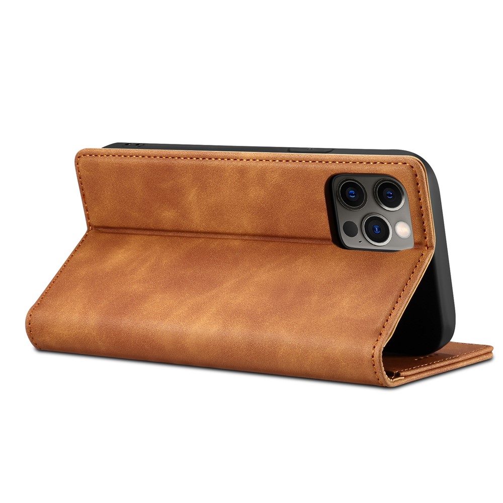 GUSSIM Skin-touch Feeling Auto-absorbed Magnet Case Wallet Design Cover Shell for iPhone 12 Pro/12 6.1 inch - Brown-4