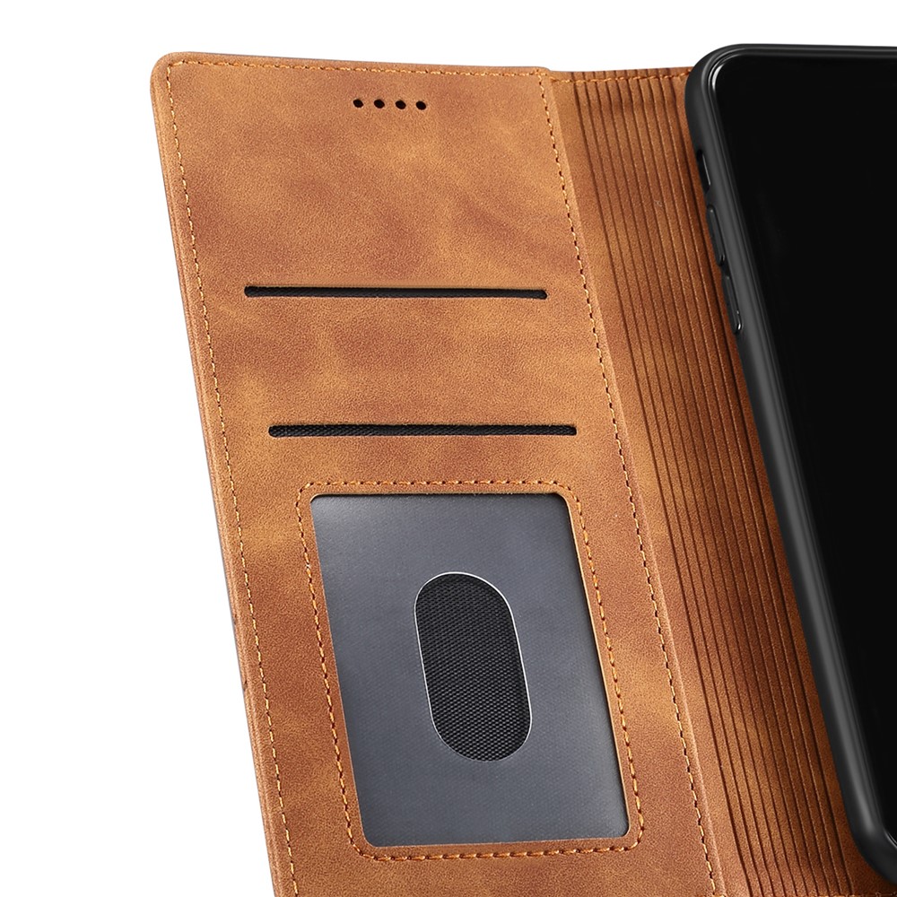 GUSSIM Skin-touch Feeling Auto-absorbed Magnet Case Wallet Design Cover Shell for iPhone 12 Pro/12 6.1 inch - Brown-7