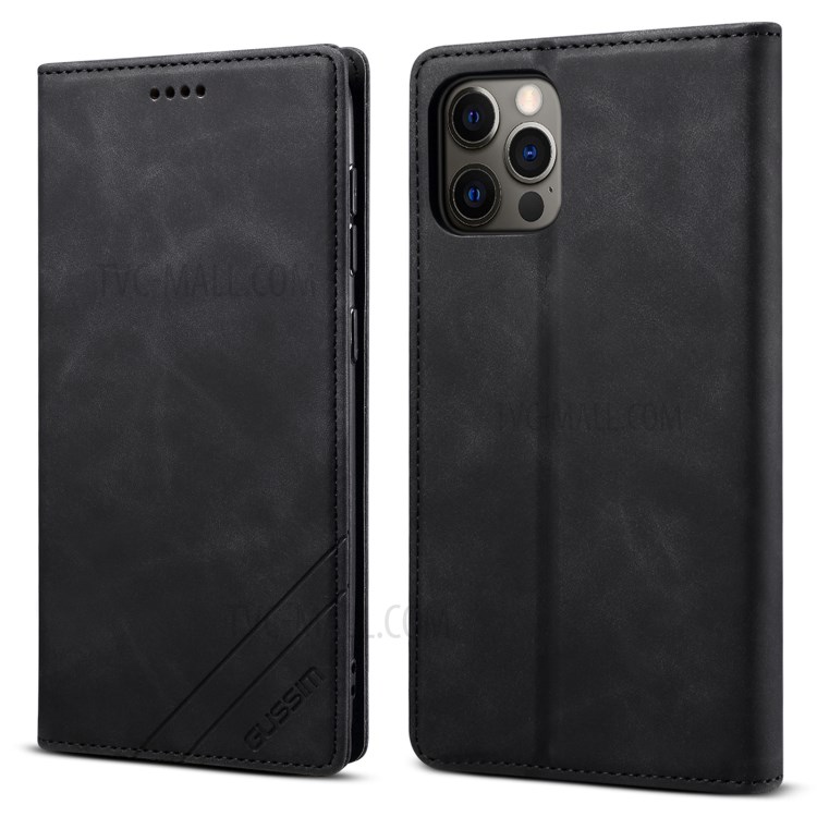 GUSSIM Skin-touch Feeling Auto-absorbed Magnet Case Wallet Design Cover Shell for iPhone 12 Pro/12 6.1 inch - Black-1