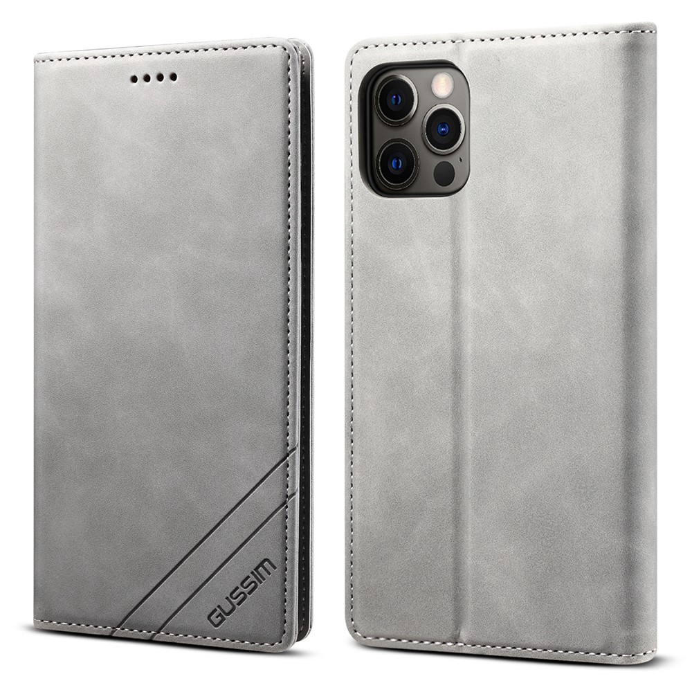 GUSSIM Skin-touch Feeling Auto-absorbed Magnet Case Wallet Design Cover Shell for iPhone 12 Pro/12 6.1 inch - Grey-1