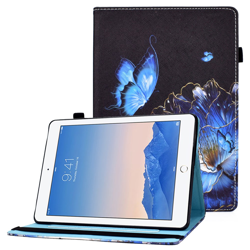 Multi-Angle Viewing Pattern Printing Elastic Band Folio Stand Cover with Cards Holder for iPad AIR / Air 2 / iPad 9.7-inch (2018) / (2017) - Butterfly and Flower-1