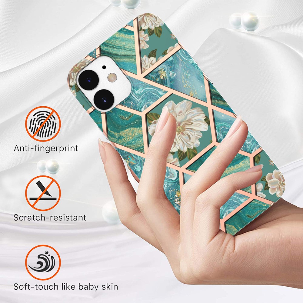 For Phone 12 mini 5.4 inch 2.0mm IMD IML Electroplating Marble Phone Case Shell with Flower Pattern - Green Marble/Flower-2