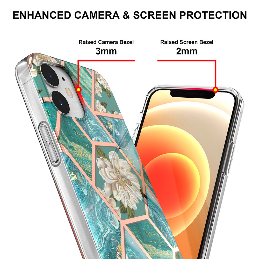 For Phone 12 mini 5.4 inch 2.0mm IMD IML Electroplating Marble Phone Case Shell with Flower Pattern - Green Marble/Flower-4