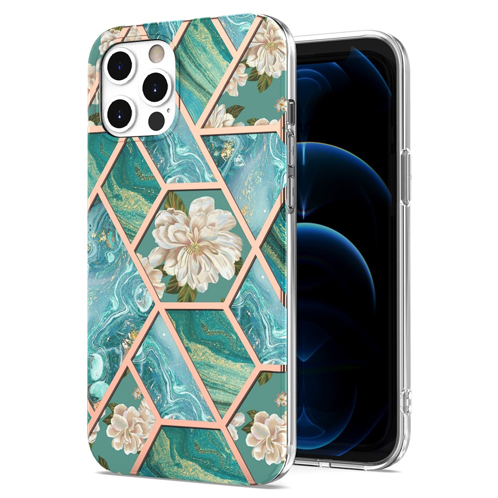 2.0mm IMD IML Electroplating Marble TPU Case with Flower Pattern for iPhone 12 / 12 Pro - Green Marble/Flower-1