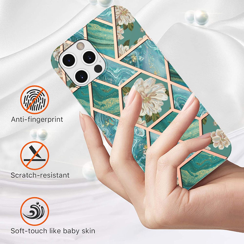 2.0mm IMD IML Electroplating Marble TPU Case with Flower Pattern for iPhone 12 / 12 Pro - Green Marble/Flower-2