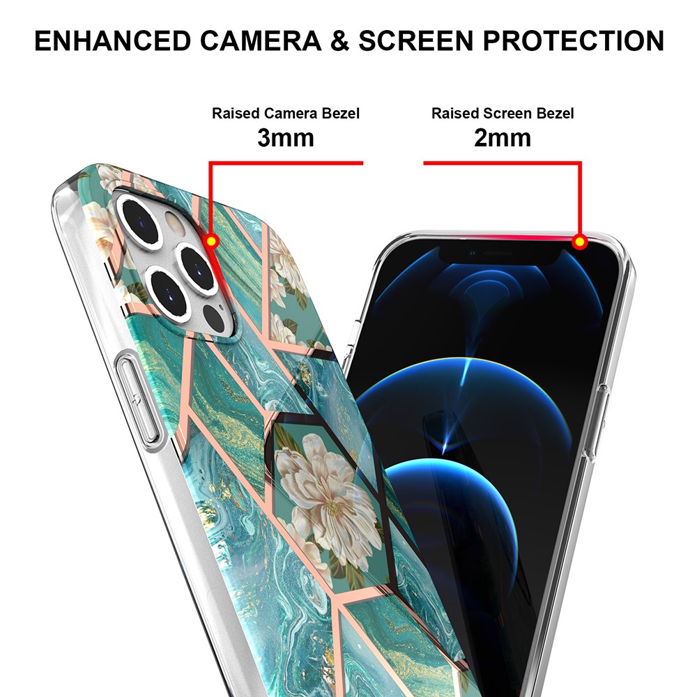 2.0mm IMD IML Electroplating Marble TPU Case with Flower Pattern for iPhone 12 / 12 Pro - Green Marble/Flower-4