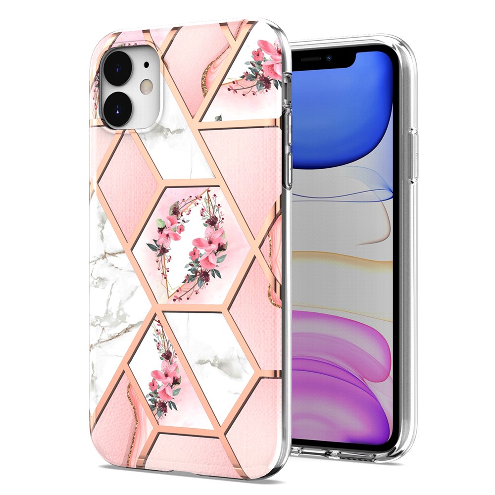 2.0mm IMD IML Drop-resistant Electroplating Marble Flower Pattern TPU Phone Case for iPhone 11 6.1 inch - Pink Marble/Flower-1