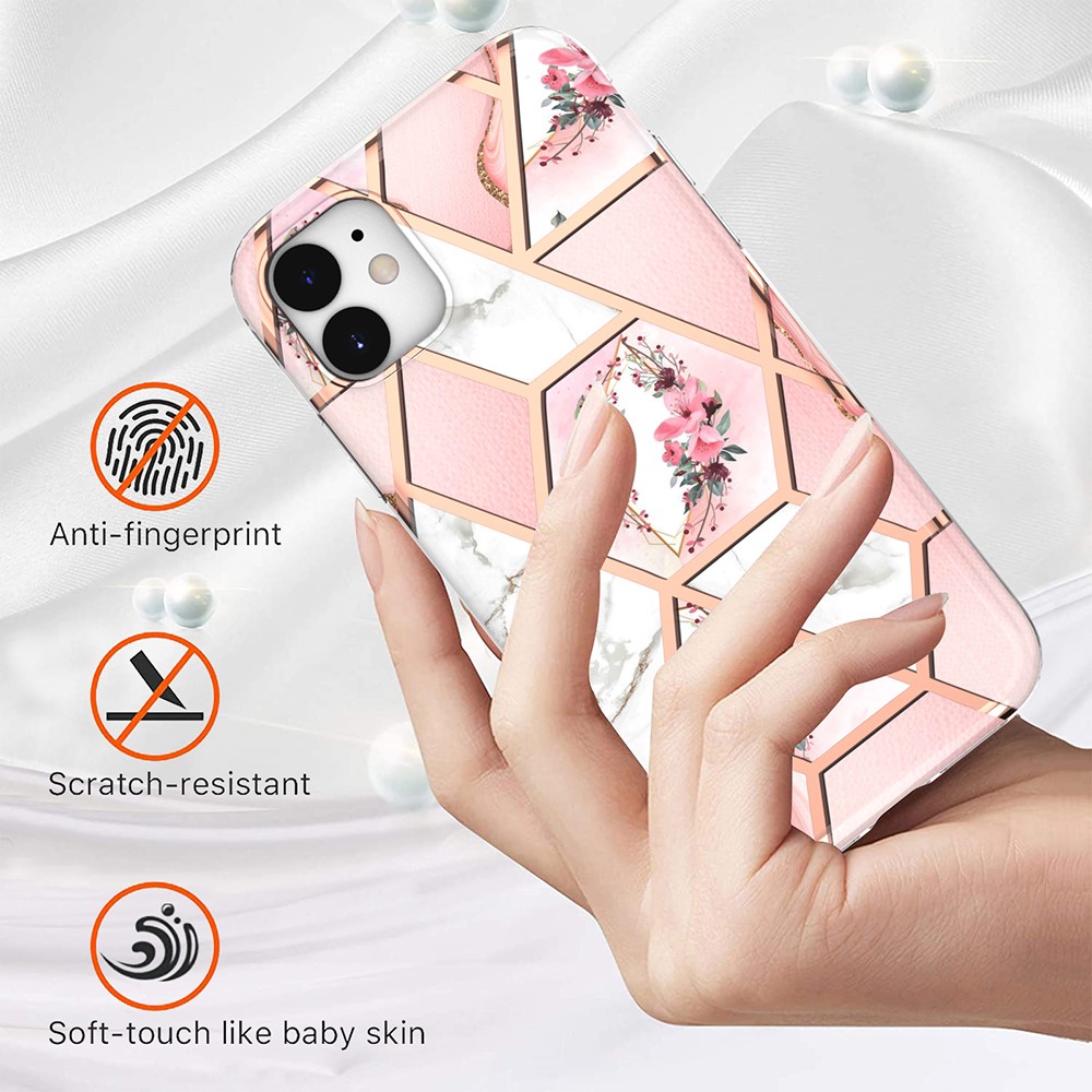 2.0mm IMD IML Drop-resistant Electroplating Marble Flower Pattern TPU Phone Case for iPhone 11 6.1 inch - Pink Marble/Flower-2