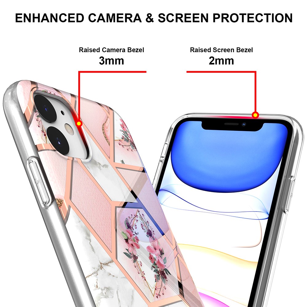 2.0mm IMD IML Drop-resistant Electroplating Marble Flower Pattern TPU Phone Case for iPhone 11 6.1 inch - Pink Marble/Flower-4