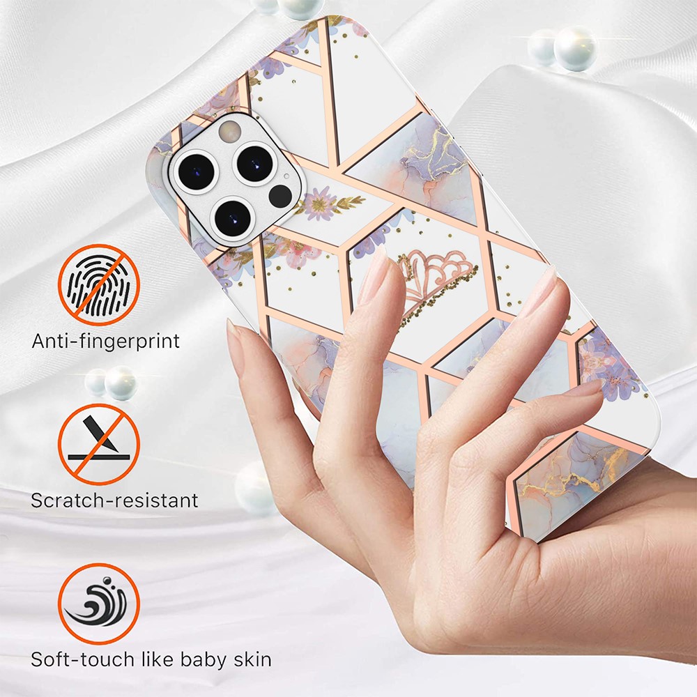 Anti-drop Protective TPU Cover Case with Electroplating IMD Marble Flower for iPhone 12 Pro Max 6.7 inch - Marble/Crown-2