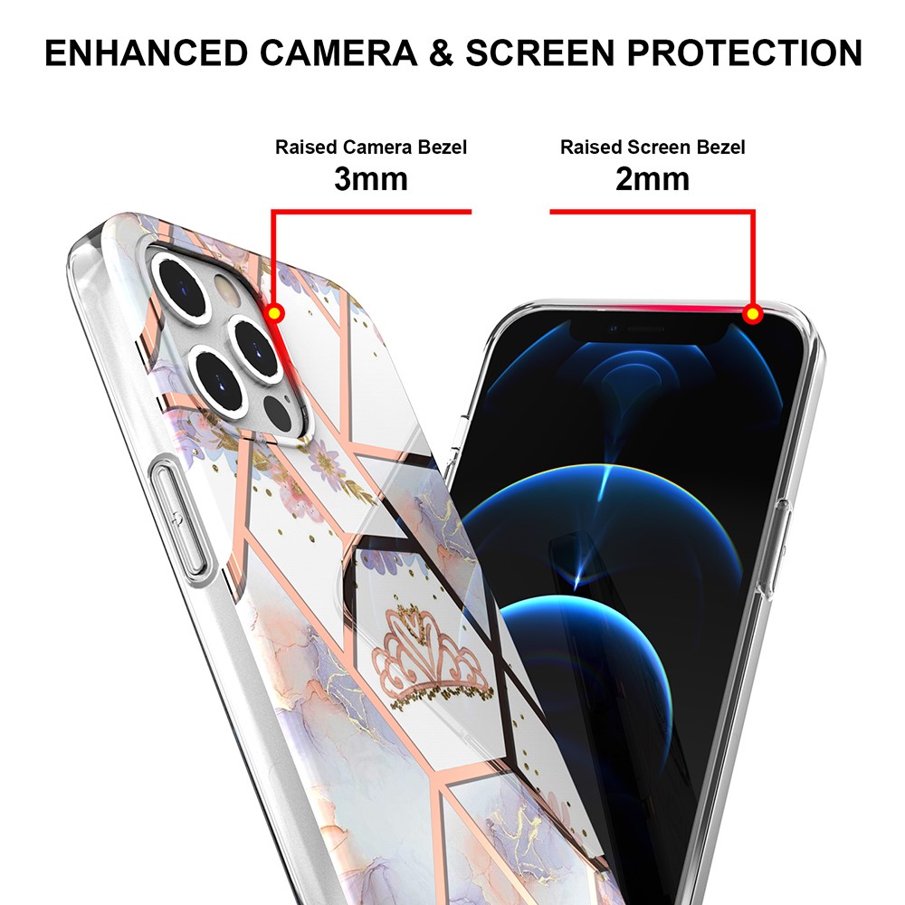 Anti-drop Protective TPU Cover Case with Electroplating IMD Marble Flower for iPhone 12 Pro Max 6.7 inch - Marble/Crown-4