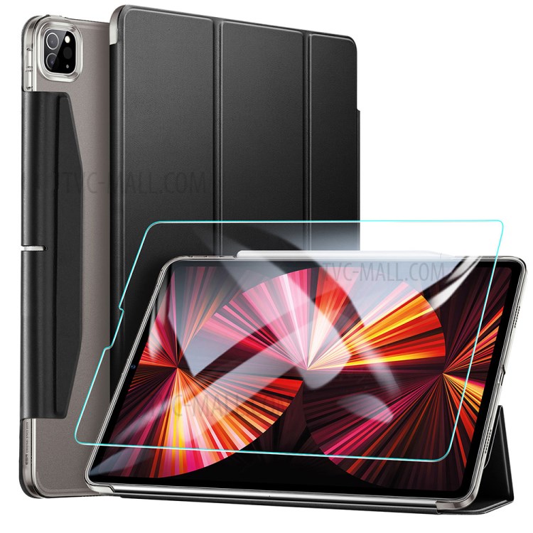 ESR Yippee Tri-fold Series Leather Stand Case with HD Tempered Glass for iPad Pro 11-inch (2021) - Black-1