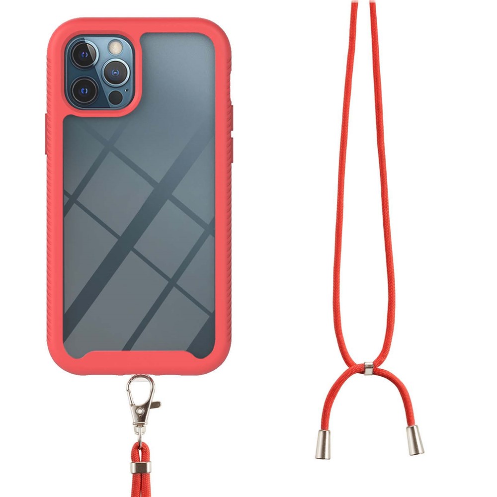 PC + TPU Hybrid Phone Back Shell Protective Cover with Strap for iPhone 12/12 Pro 6.1 inch - Red-1