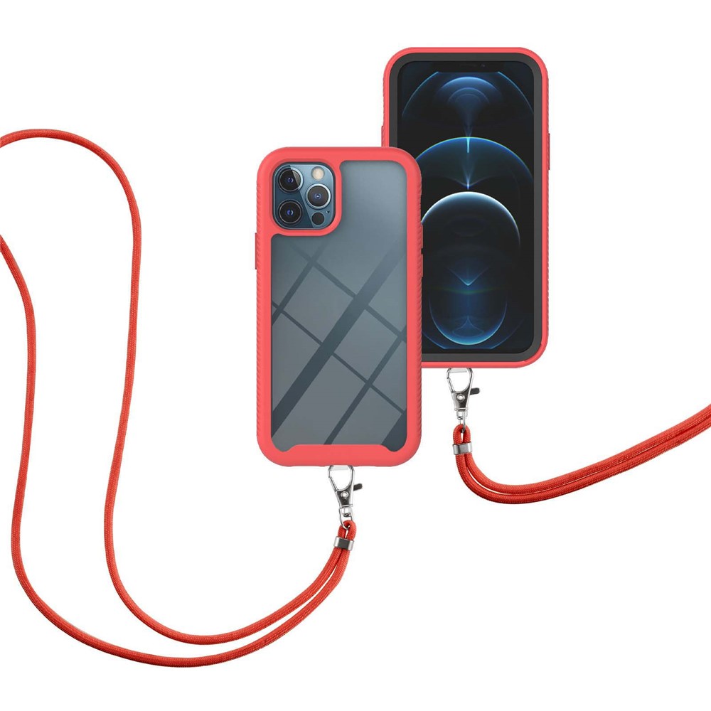 PC + TPU Hybrid Phone Back Shell Protective Cover with Strap for iPhone 12/12 Pro 6.1 inch - Red-6