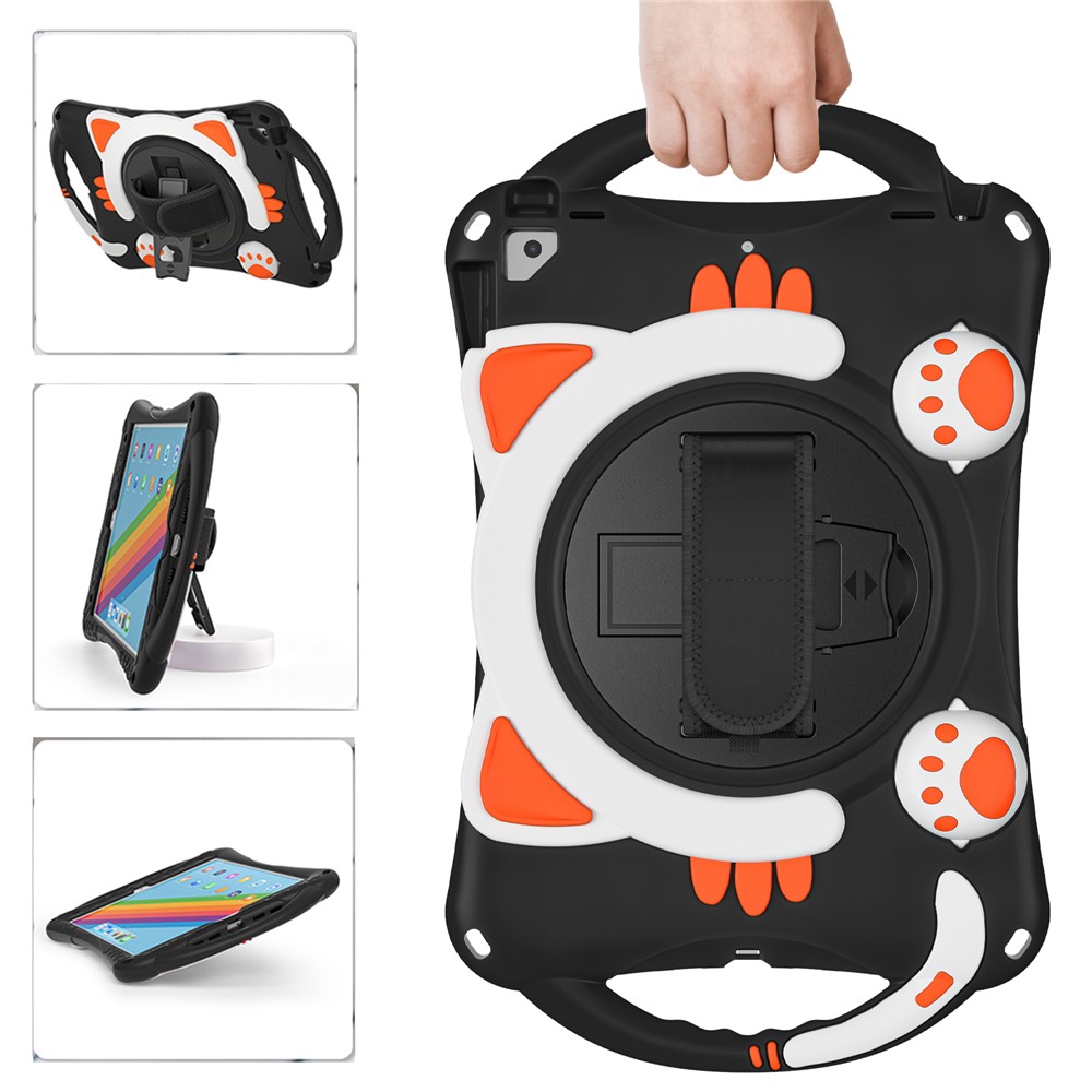 360 Degree Rotary Kickstand Hybrid Cover with Grip Handle for iPad Pro 10.5-inch (2017)/Air 10.5 inch (2019)/10.2 (2020)/10.2 (2019)/10.2 (2021) - Black/Orange