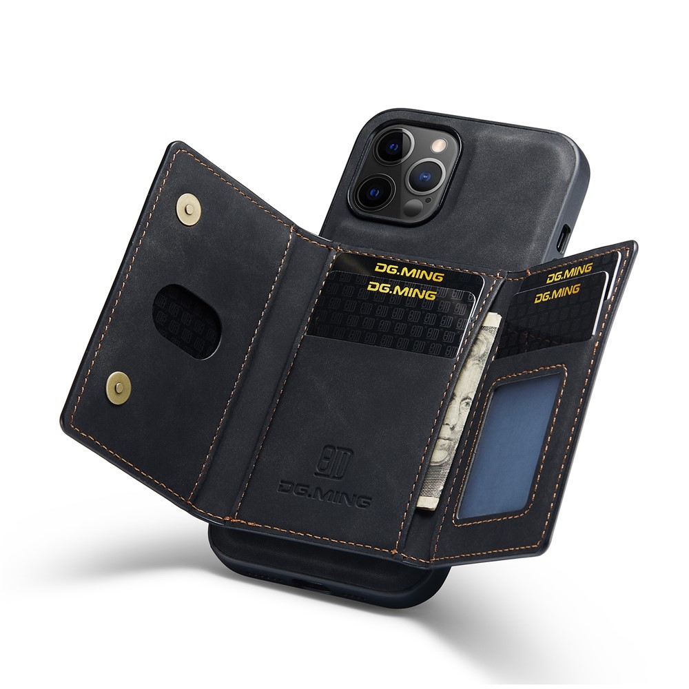 DG.MING M2 Series Kickstand Design Magnetic Tri-fold Wallet Leather Phone Case Shell for iPhone 12 Pro Max 6.7 inch - Black-19