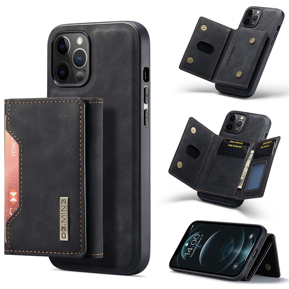 DG.MING M2 Series Kickstand Design Magnetic Tri-fold Wallet Leather Phone Case Shell for iPhone 12 Pro Max 6.7 inch - Black-20