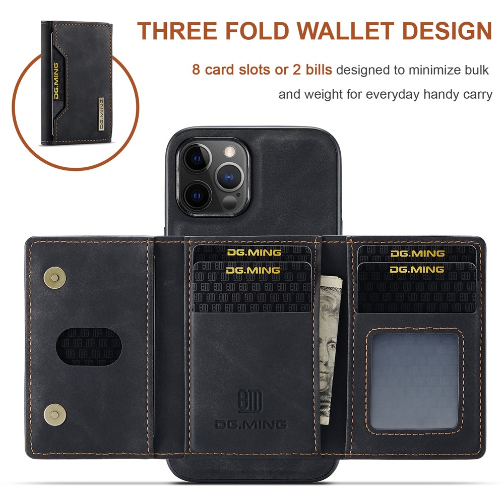 DG.MING M2 Series Kickstand Design Magnetic Tri-fold Wallet Leather Phone Case Shell for iPhone 12 Pro Max 6.7 inch - Black-7