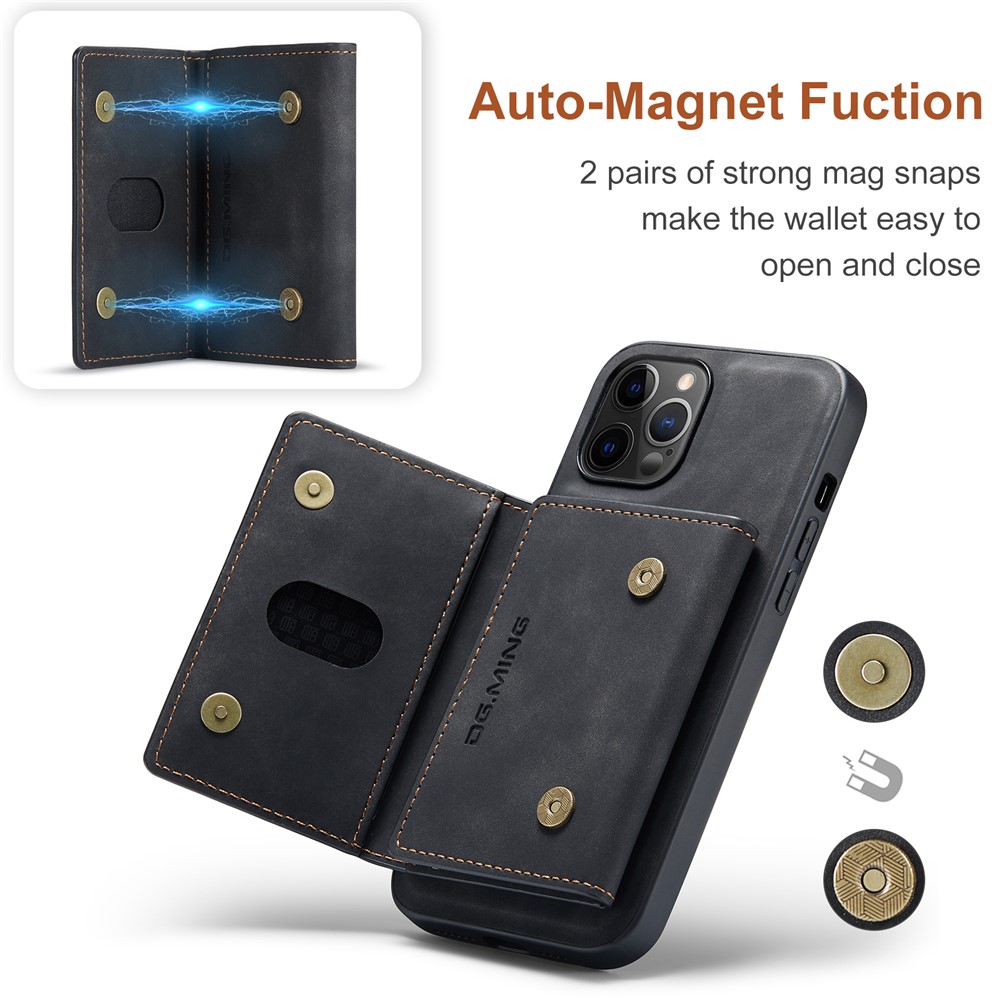 DG.MING M2 Series Kickstand Design Magnetic Tri-fold Wallet Leather Phone Case Shell for iPhone 12 Pro Max 6.7 inch - Black-8