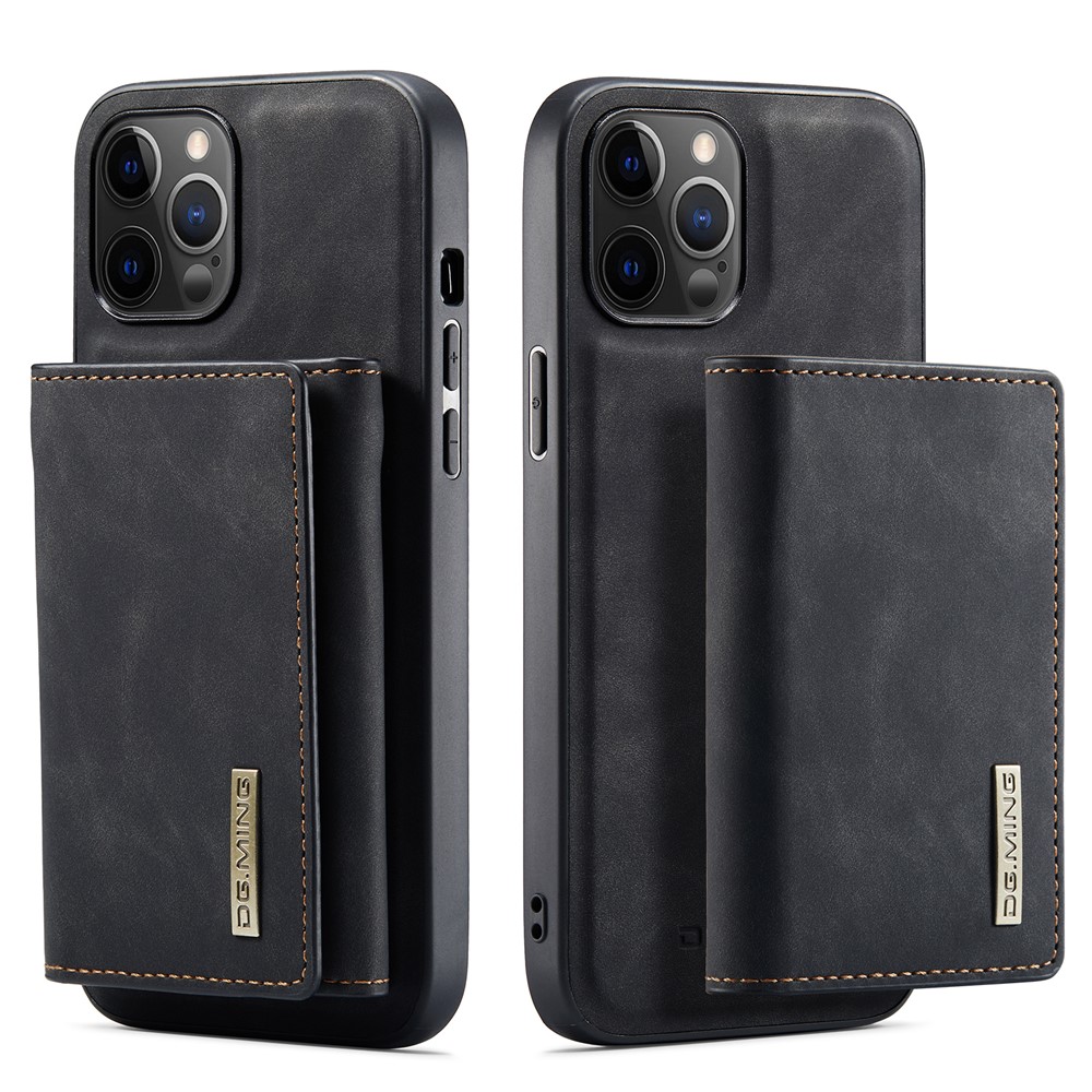 DG.MING M1 Series Magnetic Tri-fold Wallet PU Leather Kickstand Phone Case for iPhone 12 / 12 Pro - Black-12