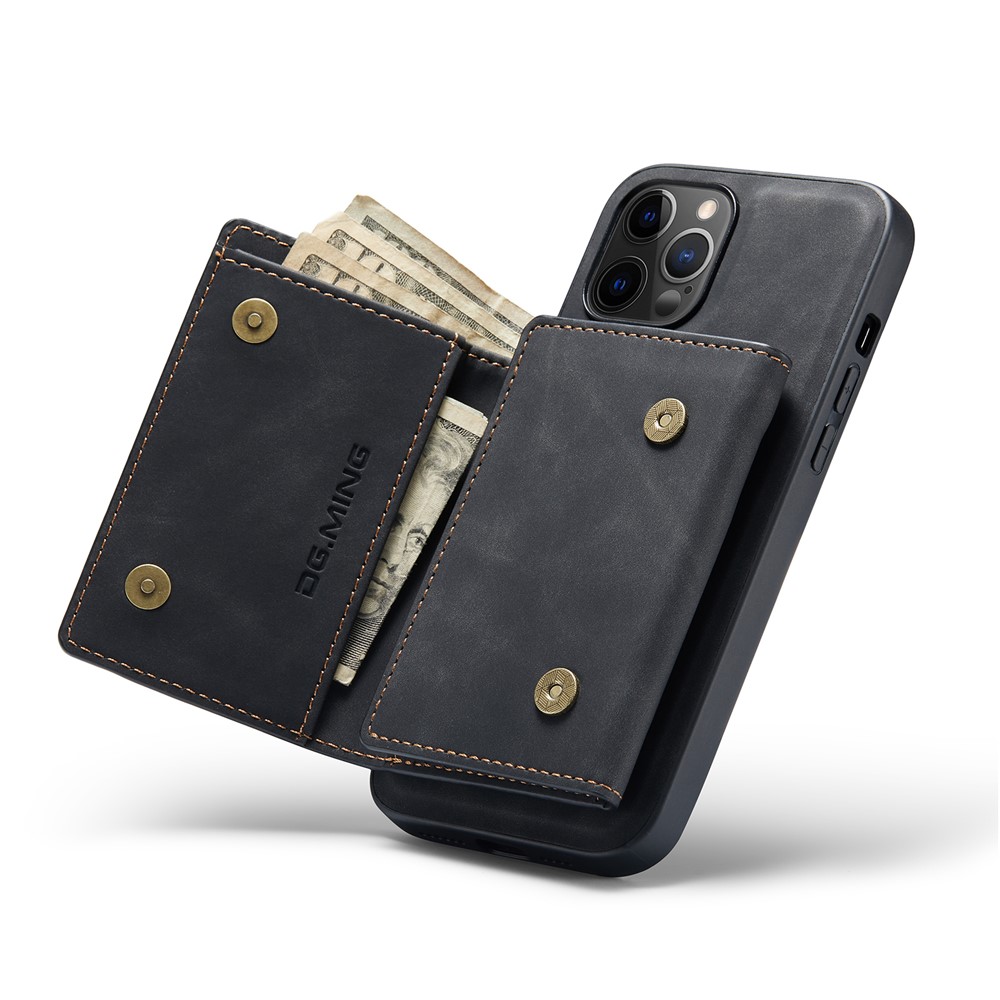 DG.MING M1 Series Magnetic Tri-fold Wallet PU Leather Kickstand Phone Case for iPhone 12 / 12 Pro - Black-17