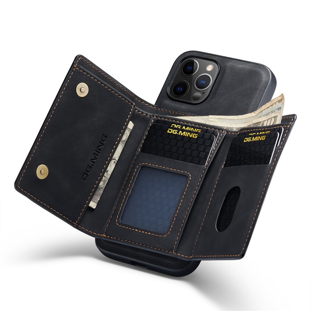 DG.MING M1 Series Magnetic Tri-fold Wallet PU Leather Kickstand Phone Case for iPhone 12 / 12 Pro - Black-18