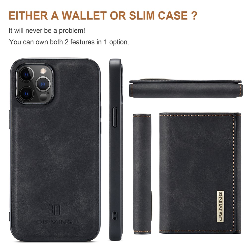 DG.MING M1 Series Magnetic Tri-fold Wallet PU Leather Kickstand Phone Case for iPhone 12 / 12 Pro - Black-3