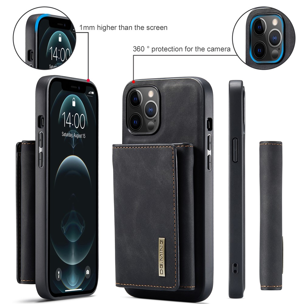 DG.MING M1 Series Magnetic Tri-fold Wallet PU Leather Kickstand Phone Case for iPhone 12 / 12 Pro - Black-6