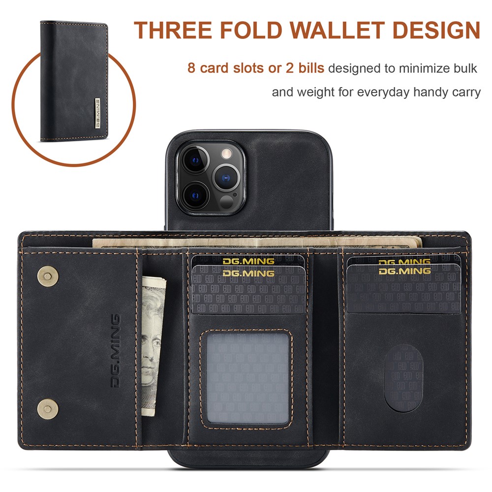 DG.MING M1 Series Magnetic Tri-fold Wallet PU Leather Kickstand Phone Case for iPhone 12 / 12 Pro - Black-7