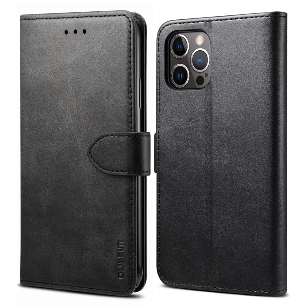 GUSSIM Magnetic Closure Clasp Leather Phone Wallet Stand Case for iPhone 12 6.1 inch/12 Pro 6.1 inch - Black-1