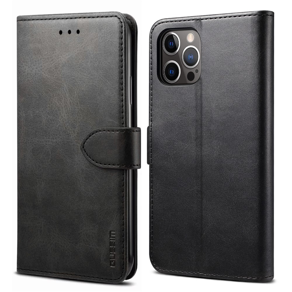 GUSSIM Full Protective Magnetic Clasp Leather Phone Wallet Case for iPhone 12 Pro Max 6.7 inch - Black-1