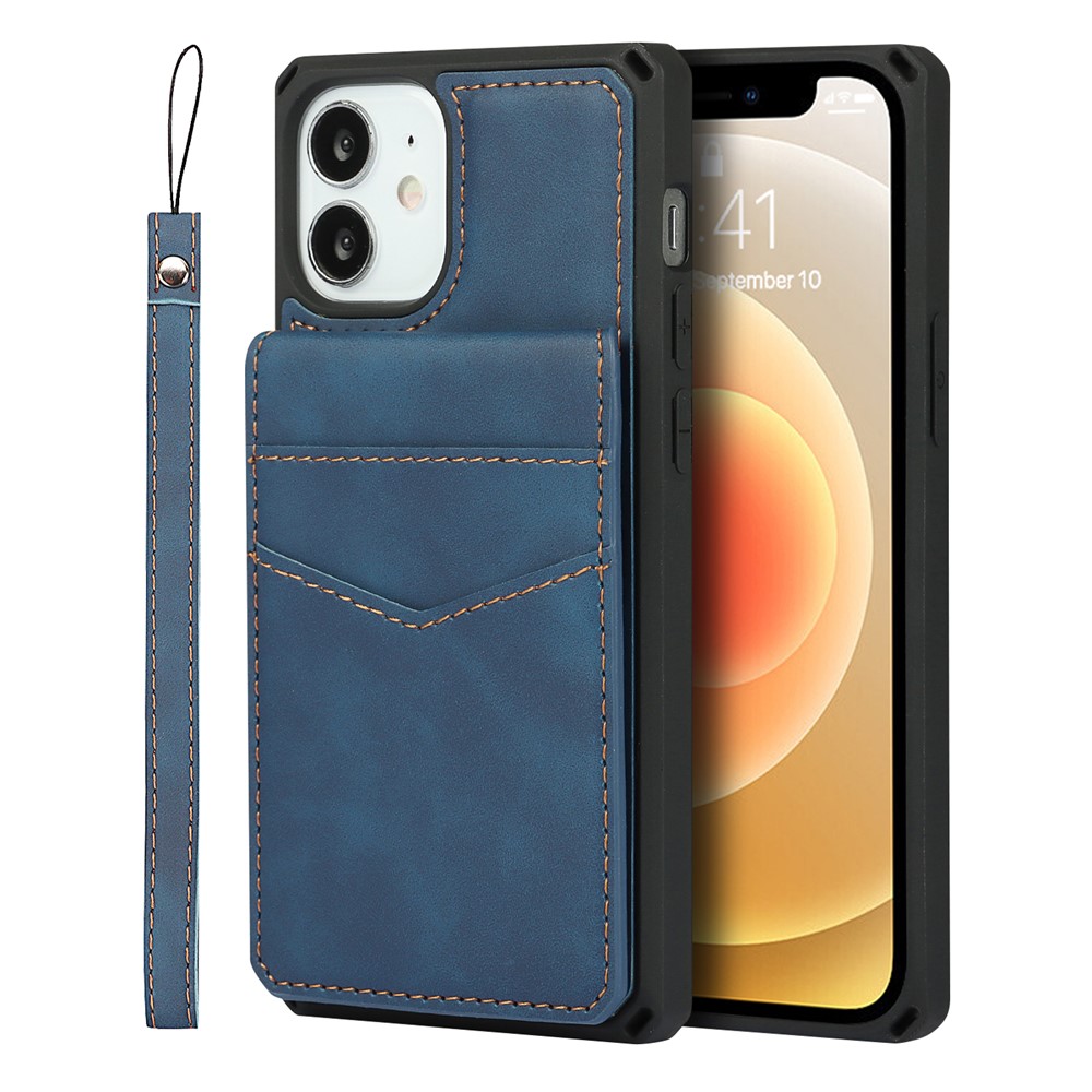 Skin-Touch PU Leather Coated TPU Vertical Flip Phone Case Cover with Kickstand and Card Slots for iPhone 12 mini 5.4 inch - Blue