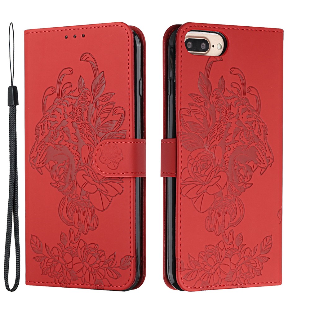 Tiger and Flower Imprint Full Bumper Frame Leather Mobile Phone Case for iPhone 6 Plus/6s Plus/7 Plus/8 Plus 5.5 inch - Red-1