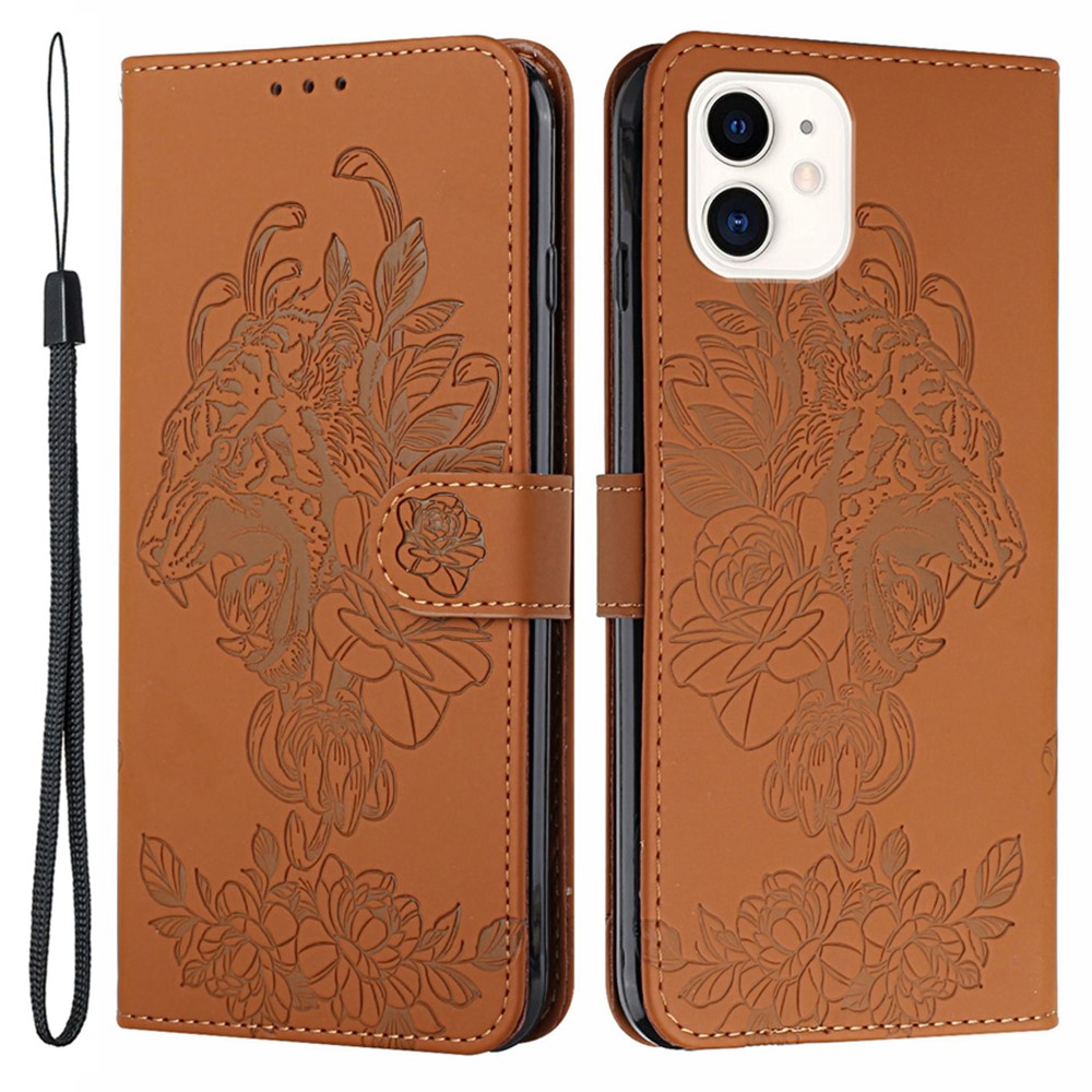 Full Protective Leather Stand Phone Cover with Tiger and Flower Imprint for iPhone 11 6.1 inch - Brown-1