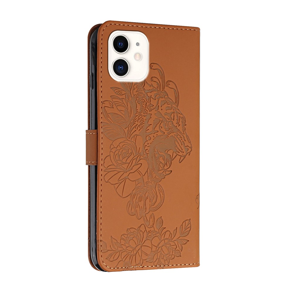 Full Protective Leather Stand Phone Cover with Tiger and Flower Imprint for iPhone 11 6.1 inch - Brown-3