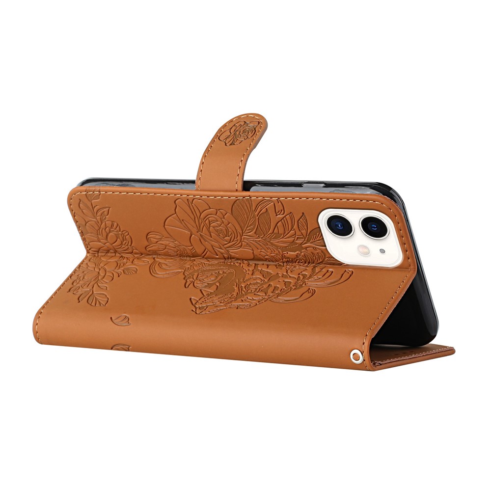 Full Protective Leather Stand Phone Cover with Tiger and Flower Imprint for iPhone 11 6.1 inch - Brown-4