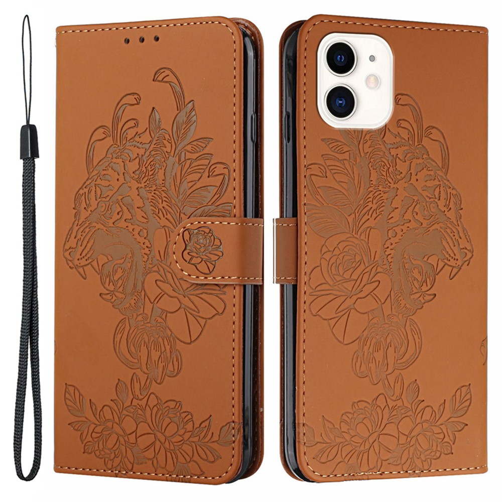 Stand Wallet Design Leather Phone Case Shell with Imprint Tiger Head and Flower for iPhone 12 / 12 Pro - Brown-1