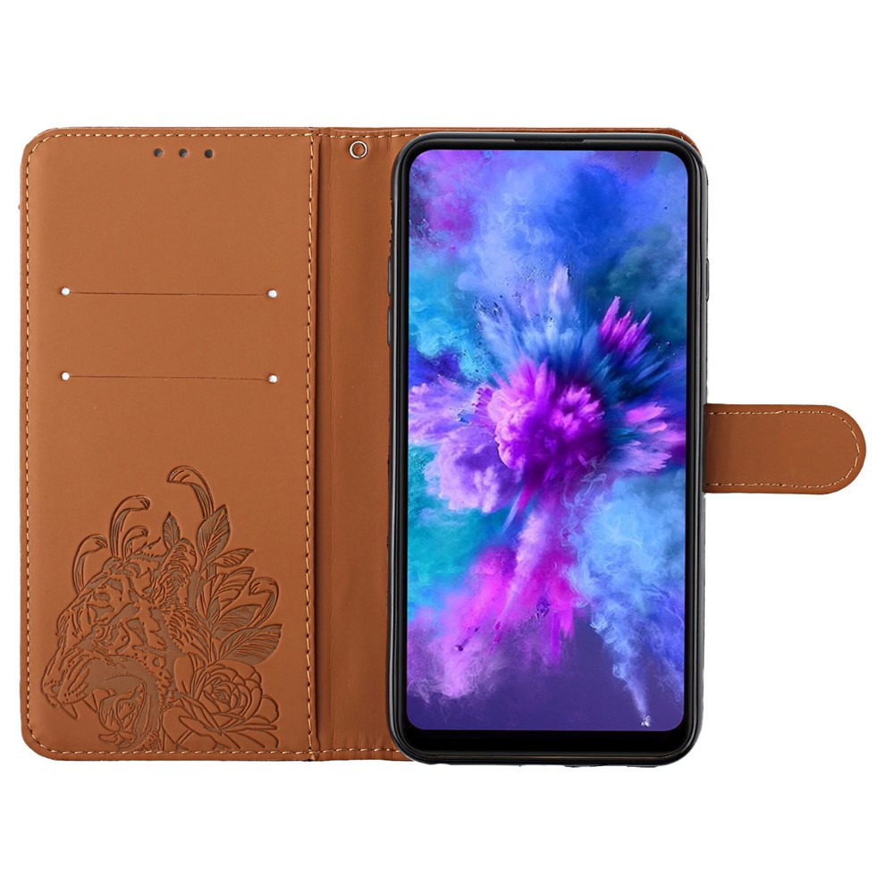 Stand Wallet Design Leather Phone Case Shell with Imprint Tiger Head and Flower for iPhone 12 / 12 Pro - Brown-7