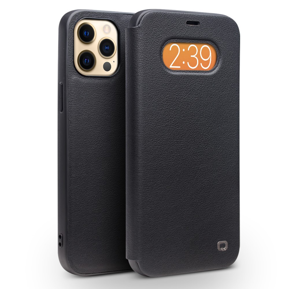 QIALINO Classic Style Ultra Thin Premium Genuine Leather Flip Folio Shockproof Case for iPhone 12 Pro Max 6.7 inch - Black-1