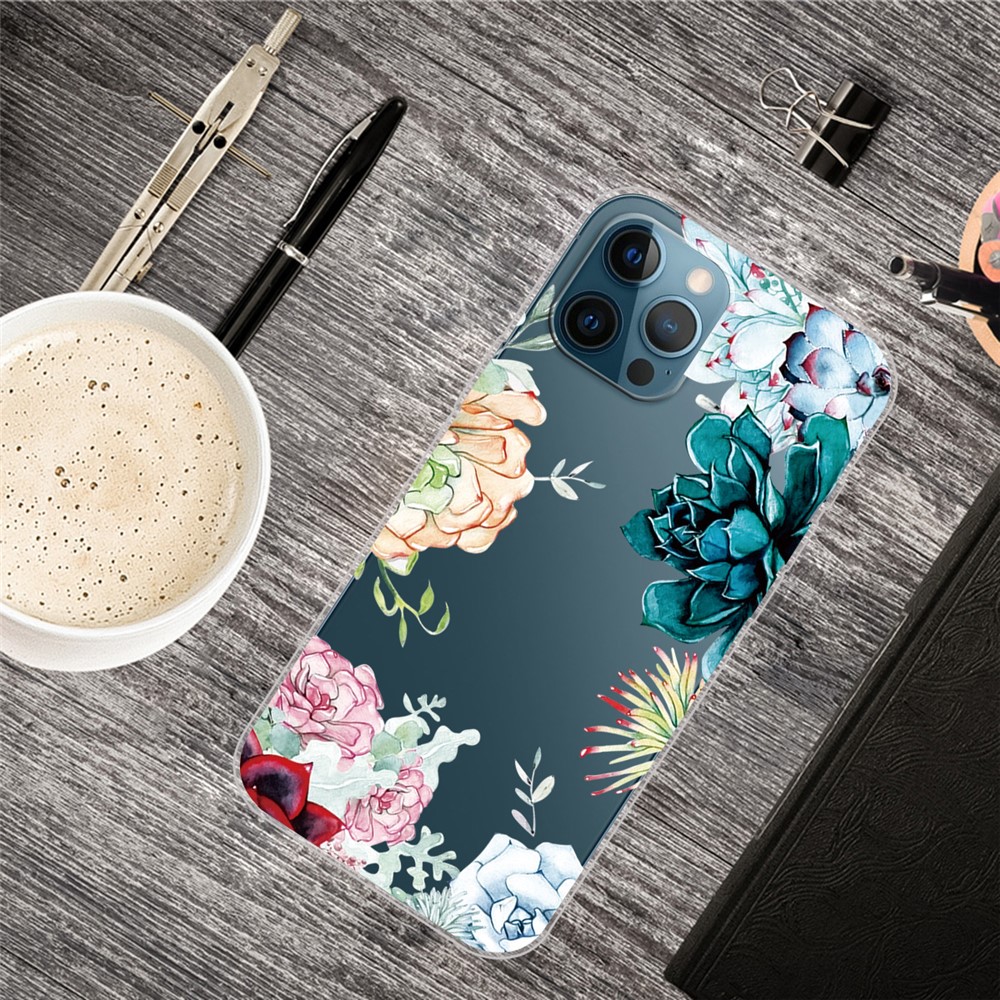 Slim Clear Pattern Printing Soft TPU Back Phone Protective Cover Case for iPhone 13 Pro 6.1 inch - Peony-4