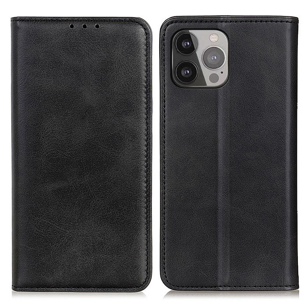 Split Leather Auto-absorbed Wallet Stand Phone Cover for iPhone 13 Pro Max 6.7 inch - Black-1