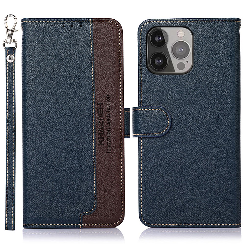 KHAZNEH Litchi Texture Bi-color PU Leather Wallet Phone Stand Case Shell with Anti-theft Swiping Design for iPhone 13 Pro Max 6.7 inch - Blue-1