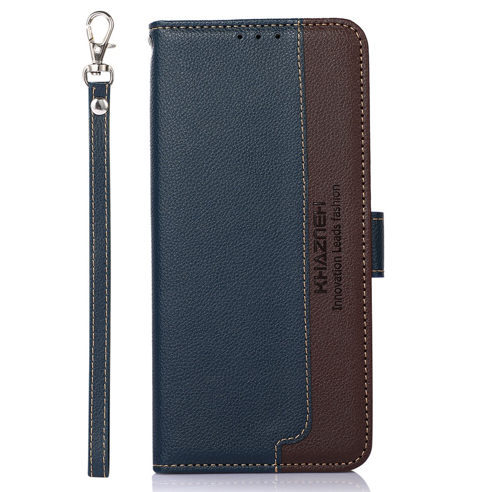 KHAZNEH Litchi Texture Bi-color PU Leather Wallet Phone Stand Case Shell with Anti-theft Swiping Design for iPhone 13 Pro Max 6.7 inch - Blue-2
