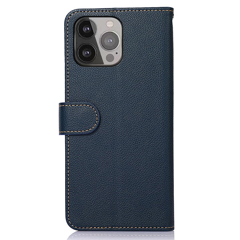 KHAZNEH Litchi Texture Bi-color PU Leather Wallet Phone Stand Case Shell with Anti-theft Swiping Design for iPhone 13 Pro Max 6.7 inch - Blue-3