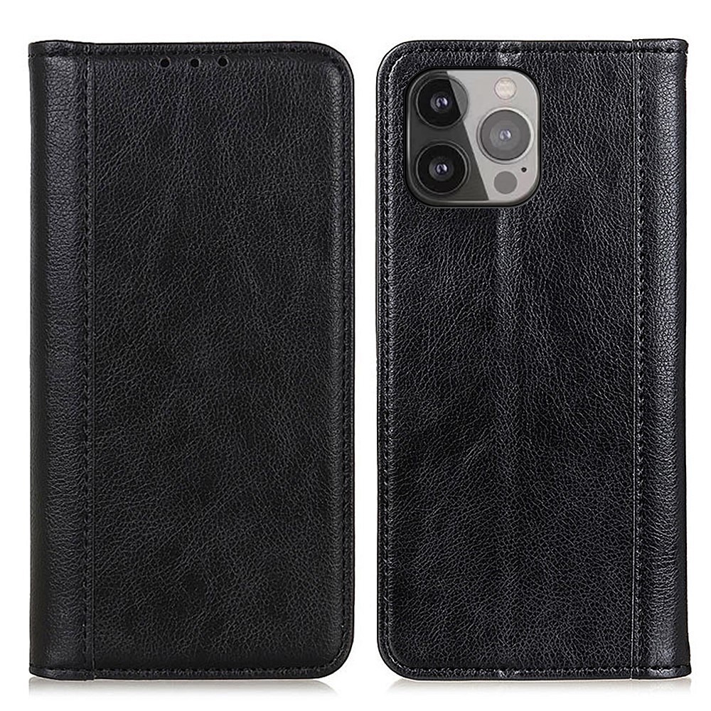 Litchi Texture Magnetic Auto-absorbed Split Leather Wallet Stand Phone Cover Case for iPhone 13 Pro Max 6.7 inch - Black-1