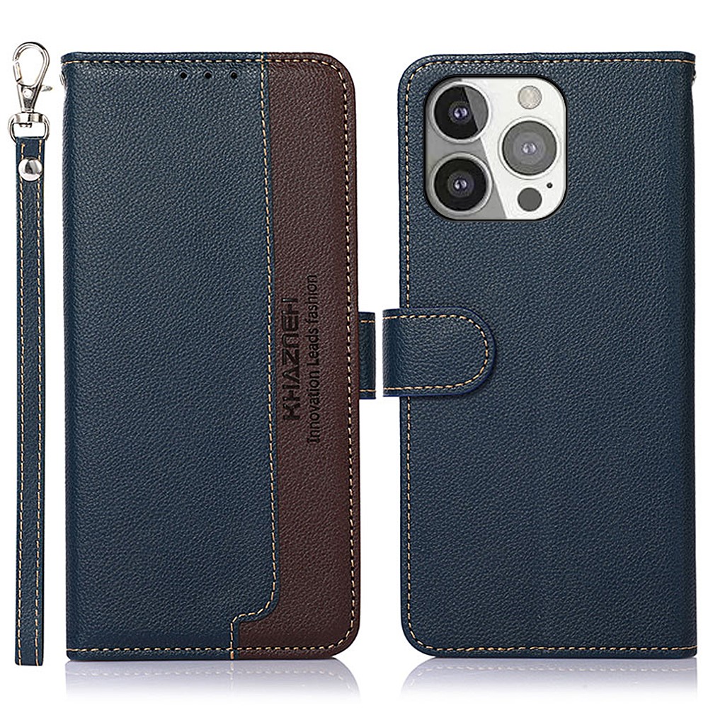KHAZNEH Litchi Texture RFID Anti-theft Swiping Function Leather Phone Case for iPhone 13 Pro 6.1 inch - Blue-1