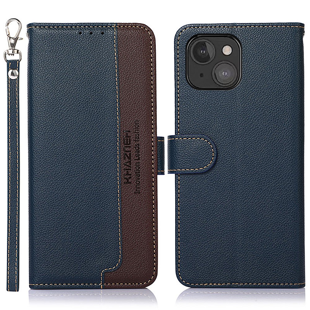 KHAZNEH Litchi Texture Wallet Stand Leather Phone Case Shell with Anti-theft Swiping Design for iPhone 13 mini 5.4 inch - Blue-1